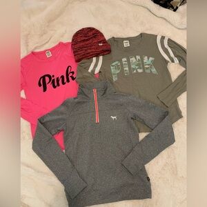 Like new Bundle deal Victoria’s Secret Pink quarter zip jacket hat & longsleeves